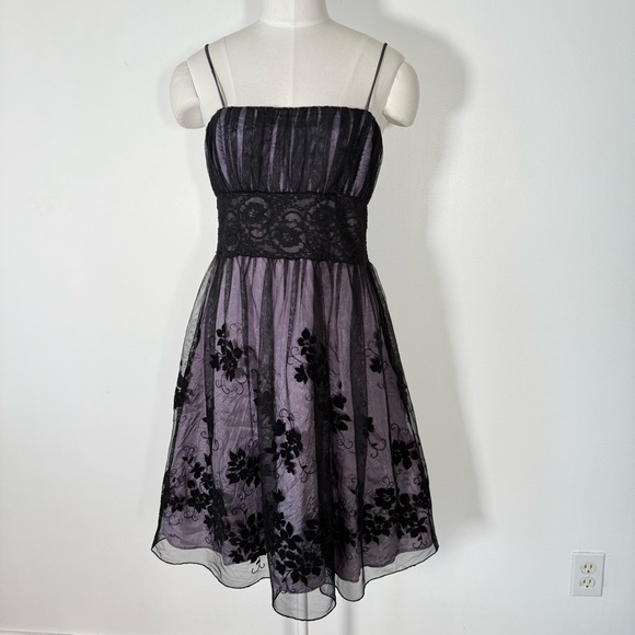 Vintage Dresses & Skirts - Y2K City Triangles Purple Mesh Overlay Floral Dress Dark Fairy Whimsigoth  S